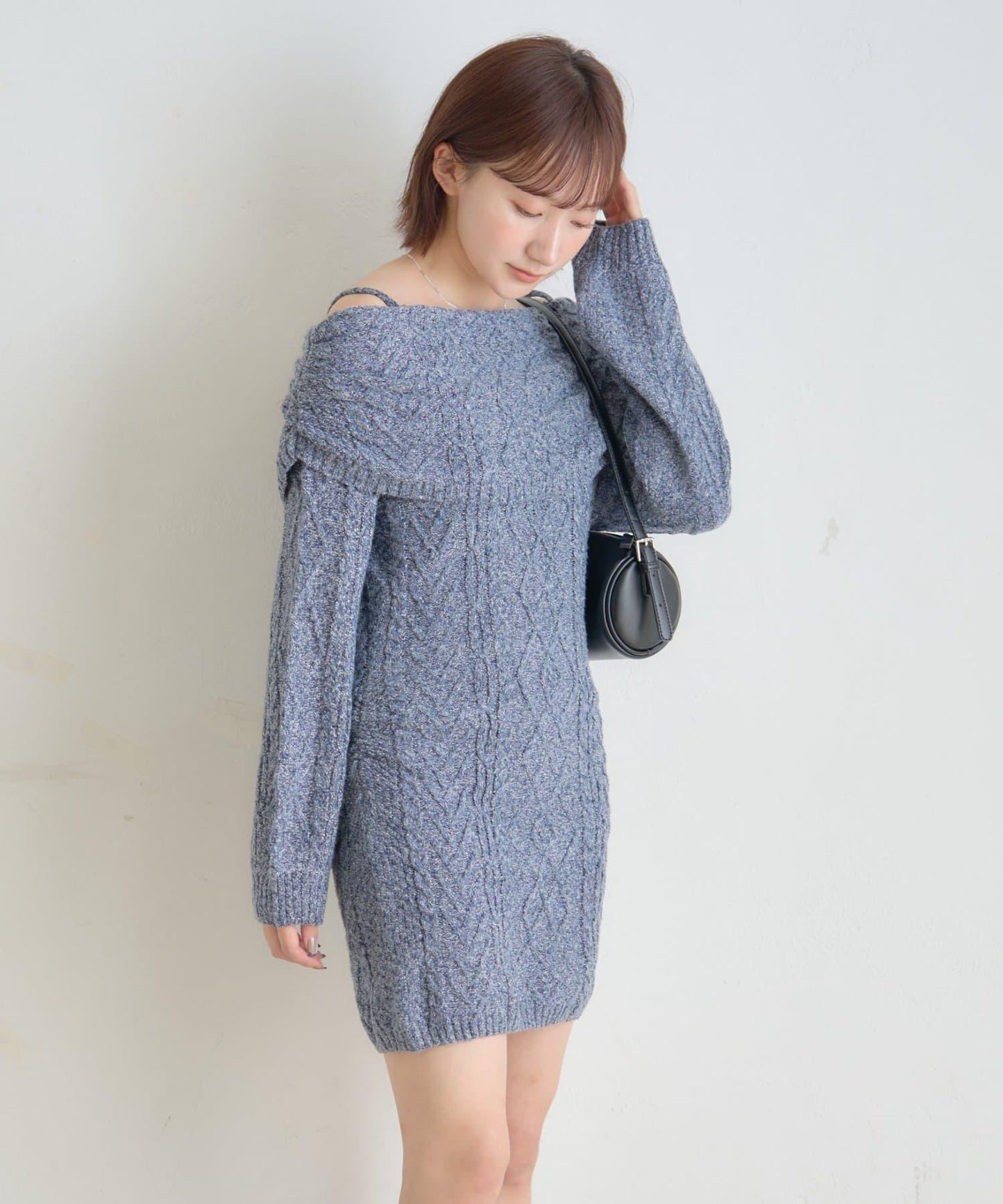 【mystic】[mline]一字肩麻花針織連衣裙