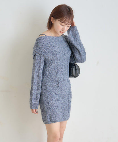 【mystic】[mline]一字肩麻花針織連衣裙
