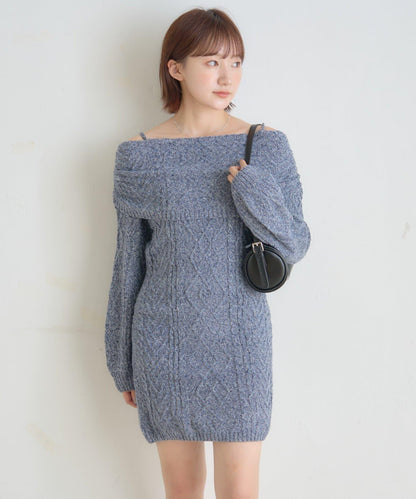 【mystic】[mline]一字肩麻花針織連衣裙