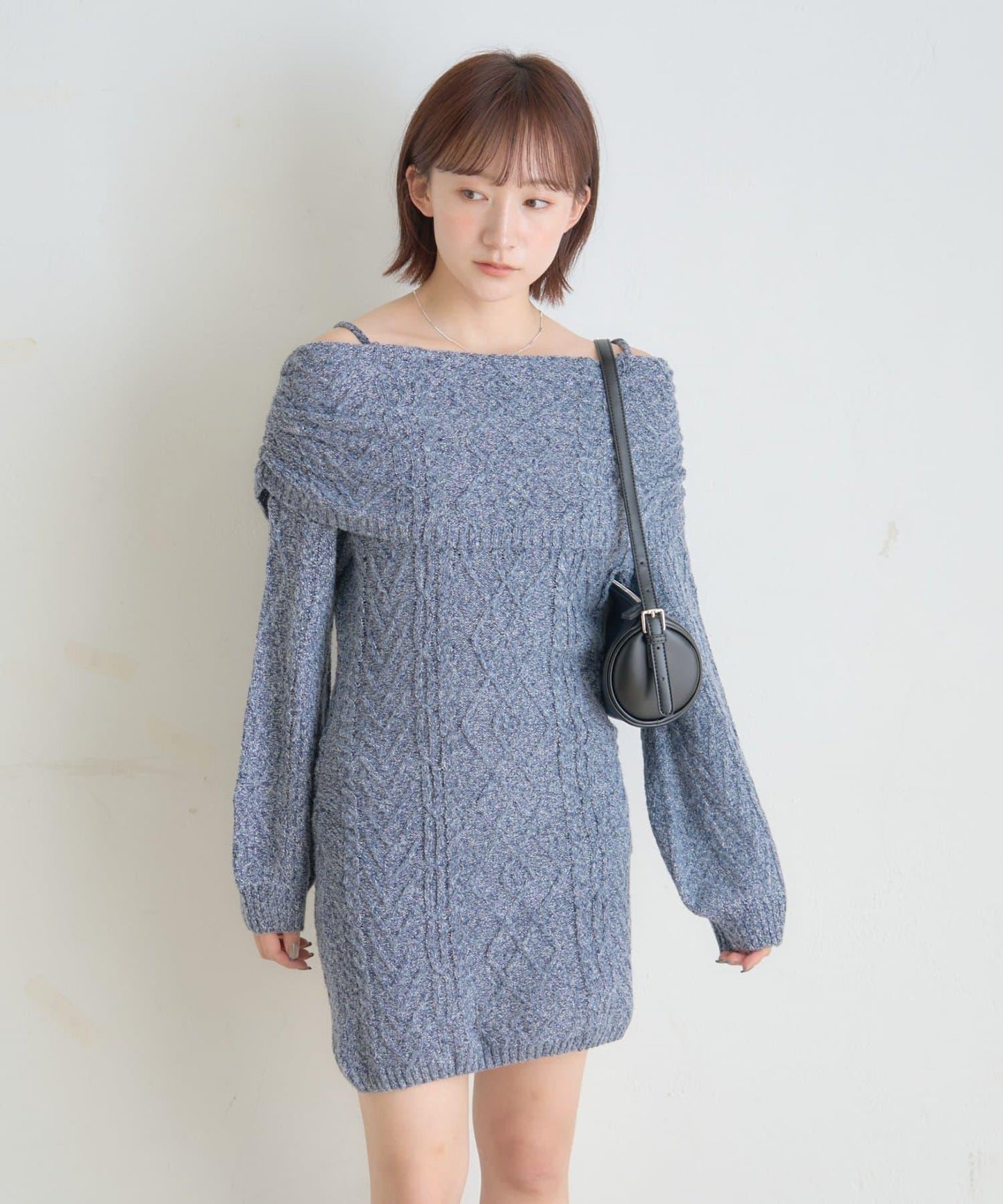 【mystic】[mline]一字肩麻花針織連衣裙
