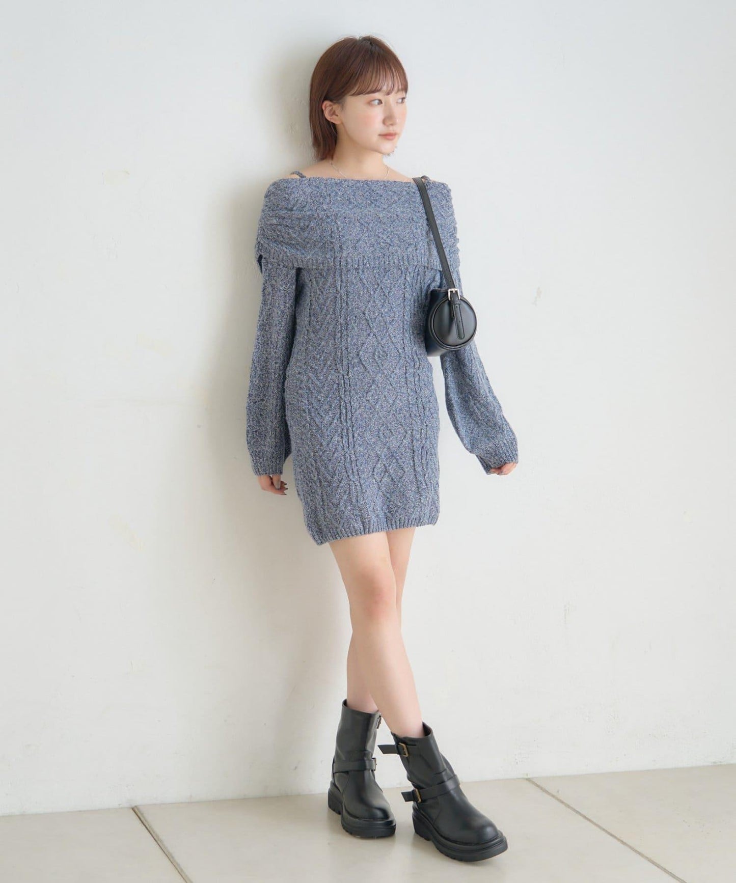 【mystic】[mline]一字肩麻花針織連衣裙