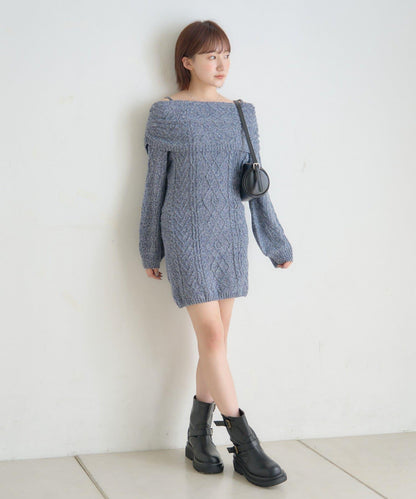 【mystic】[mline]一字肩麻花針織連衣裙