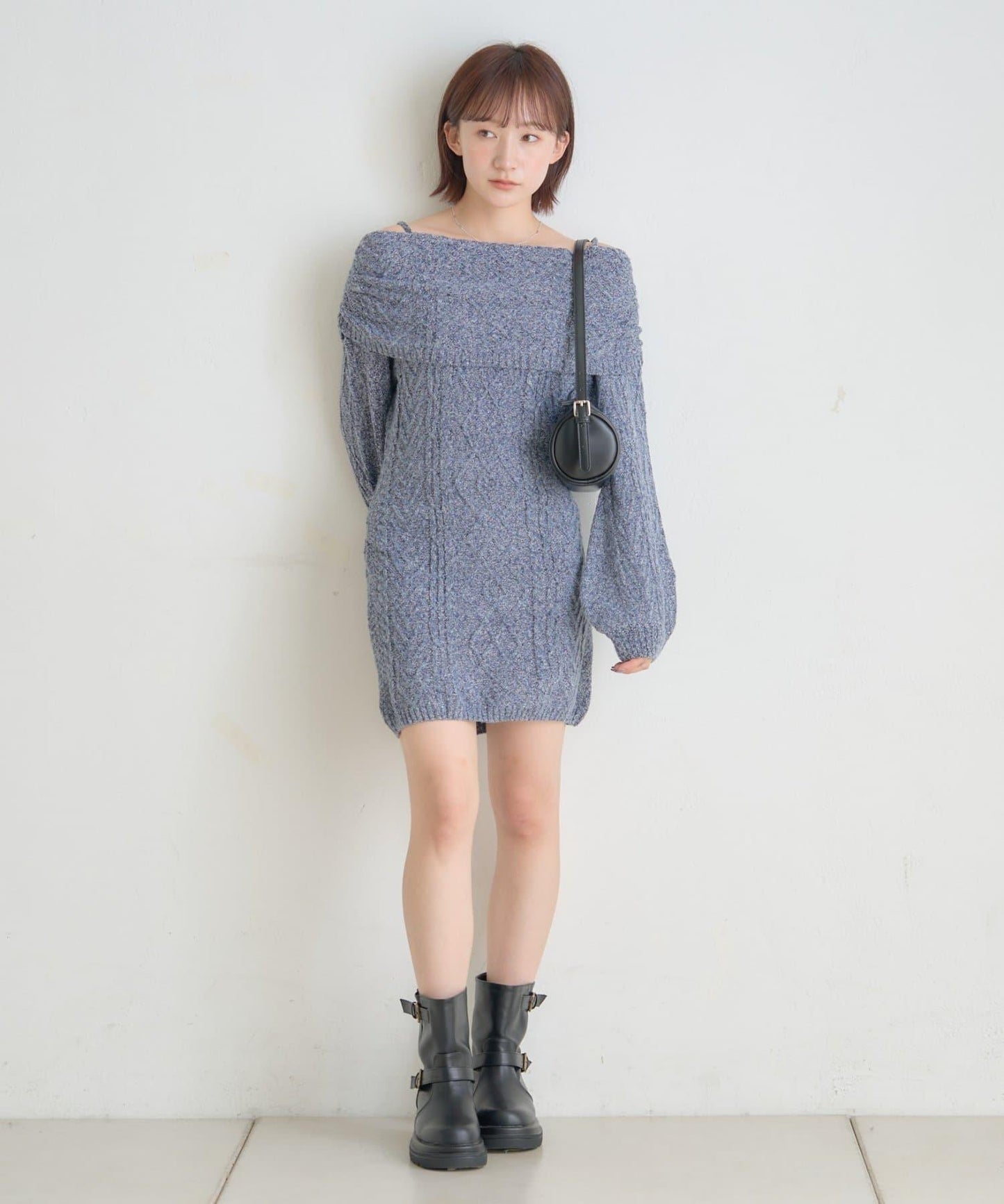 【mystic】[mline]一字肩麻花針織連衣裙