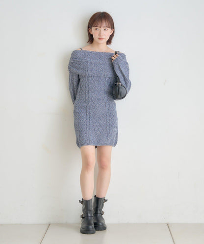 【mystic】[mline]一字肩麻花針織連衣裙