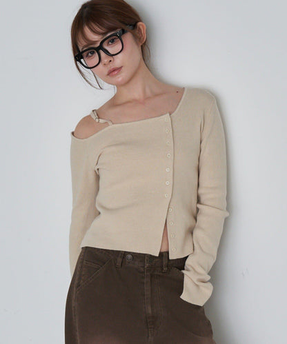 單肩前開扣羅紋針織衫