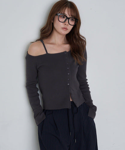 單肩前開扣羅紋針織衫