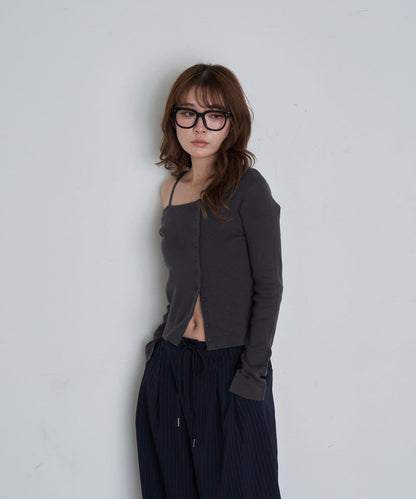 單肩前開扣羅紋針織衫