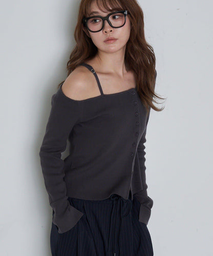 單肩前開扣羅紋針織衫