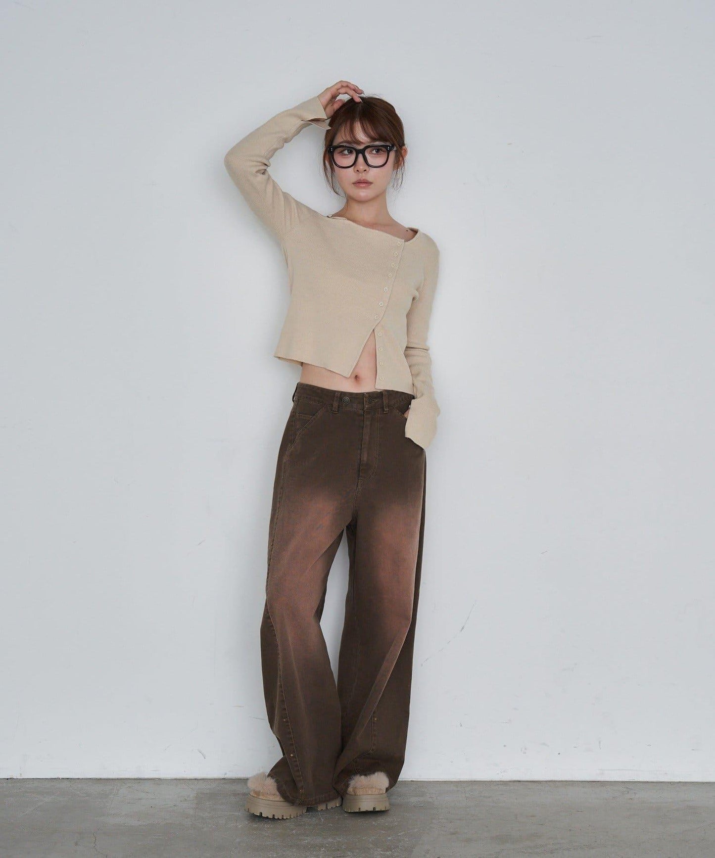 單肩前開扣羅紋針織衫