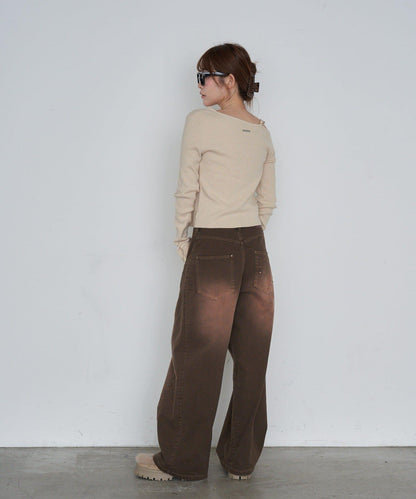 單肩前開扣羅紋針織衫