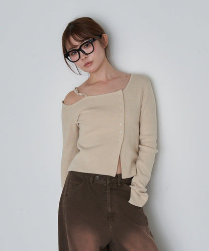 單肩前開扣羅紋針織衫