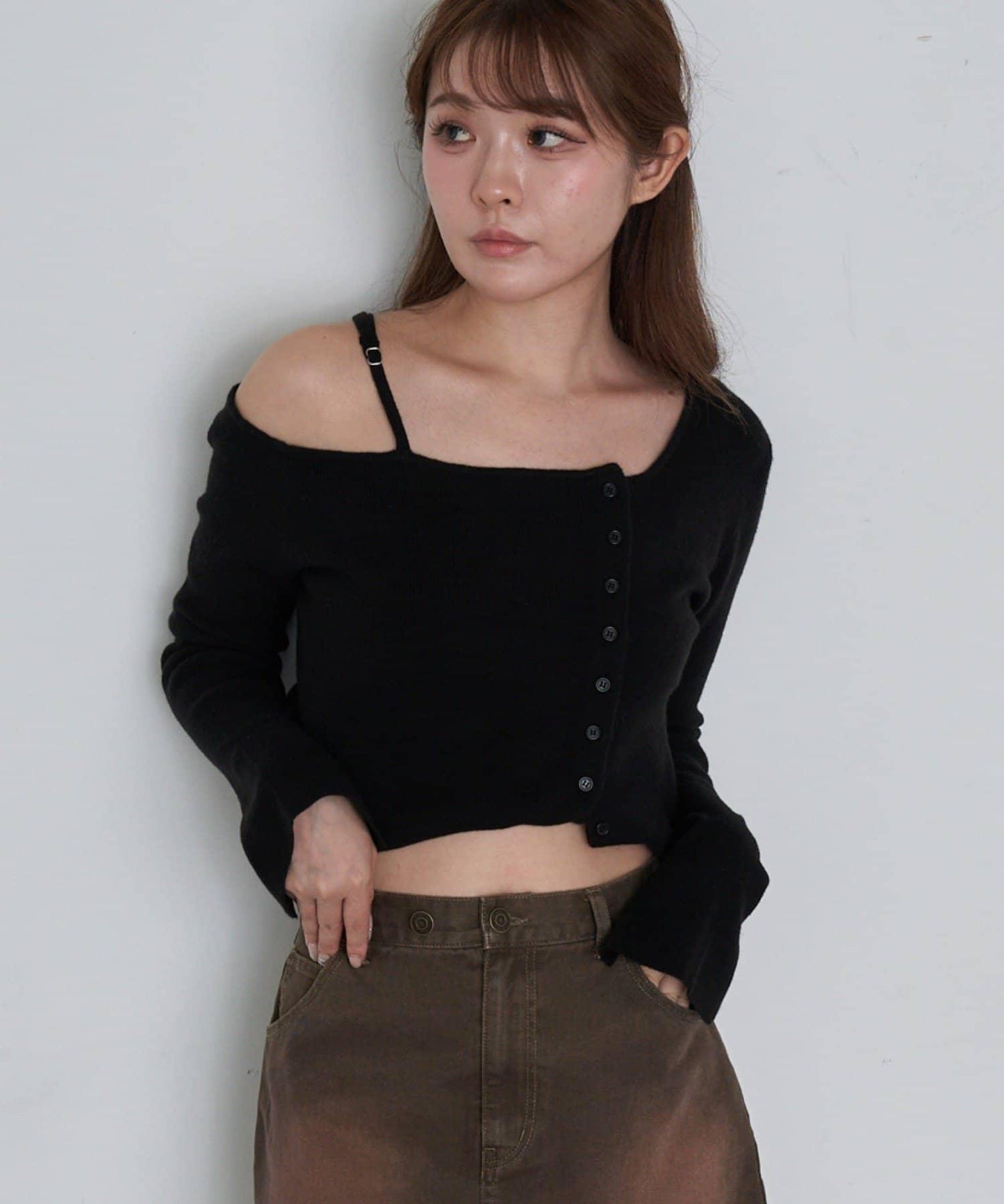 單肩前開扣羅紋針織衫