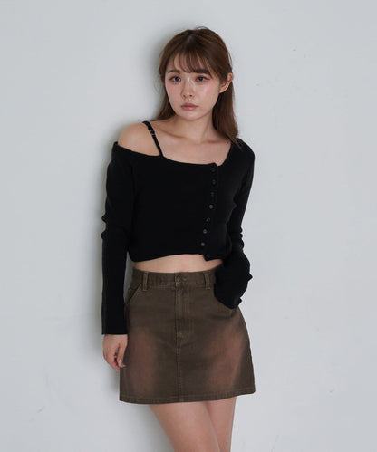 單肩前開扣羅紋針織衫