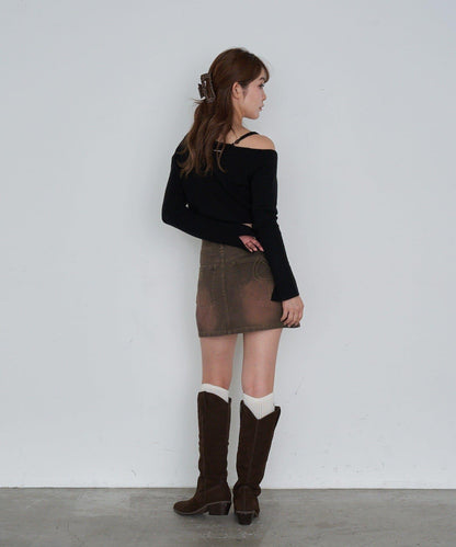 單肩前開扣羅紋針織衫