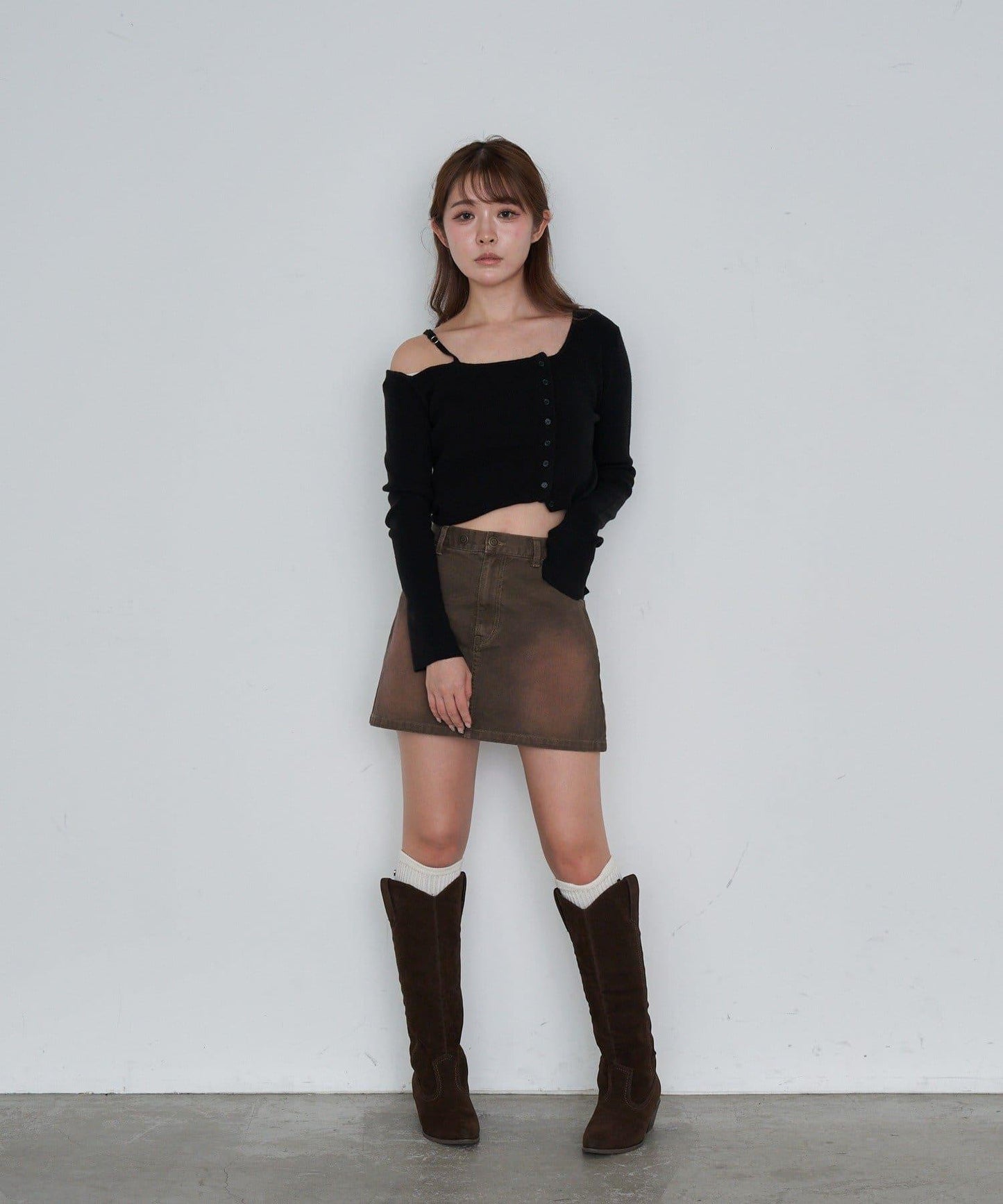 單肩前開扣羅紋針織衫