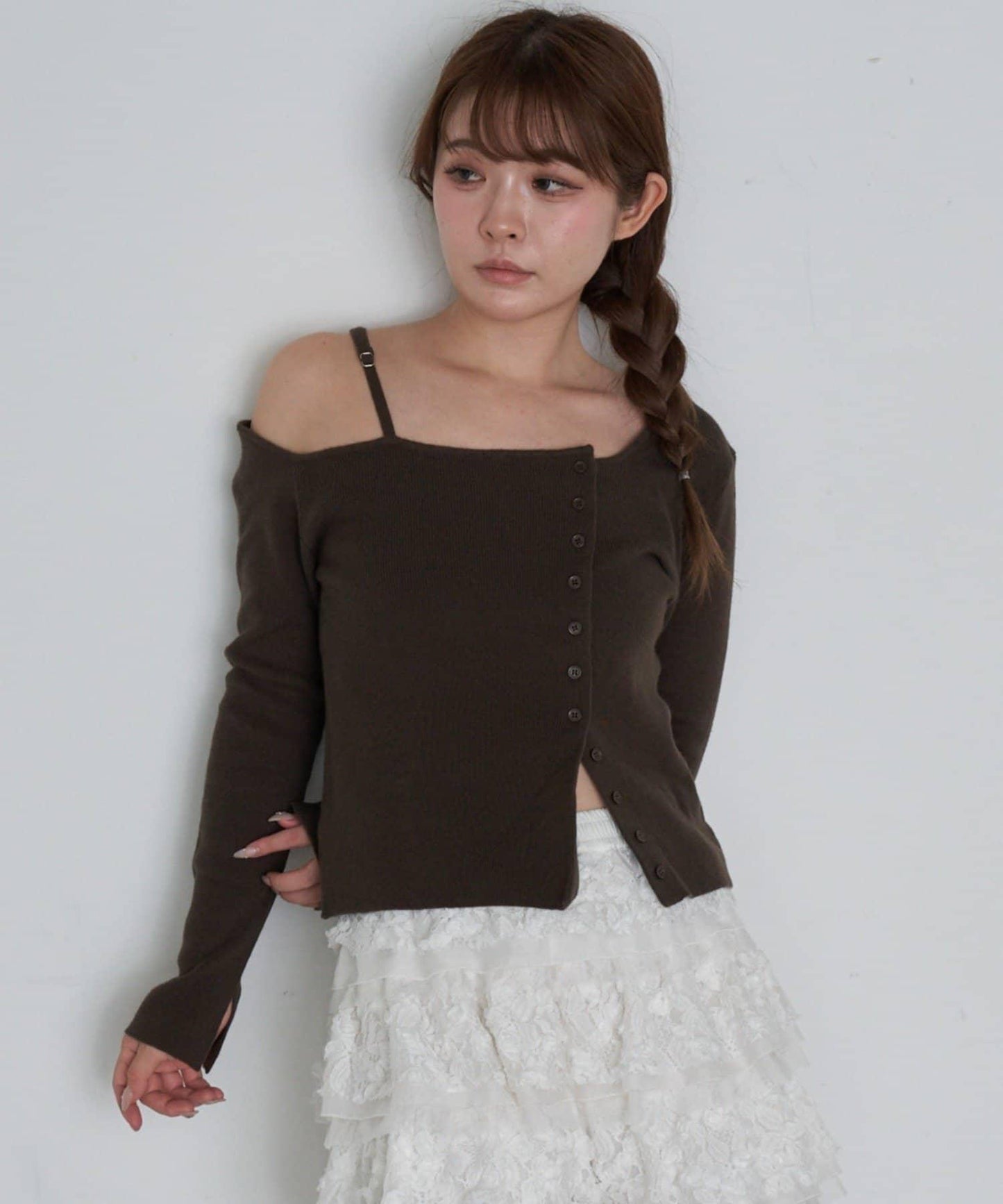 單肩前開扣羅紋針織衫