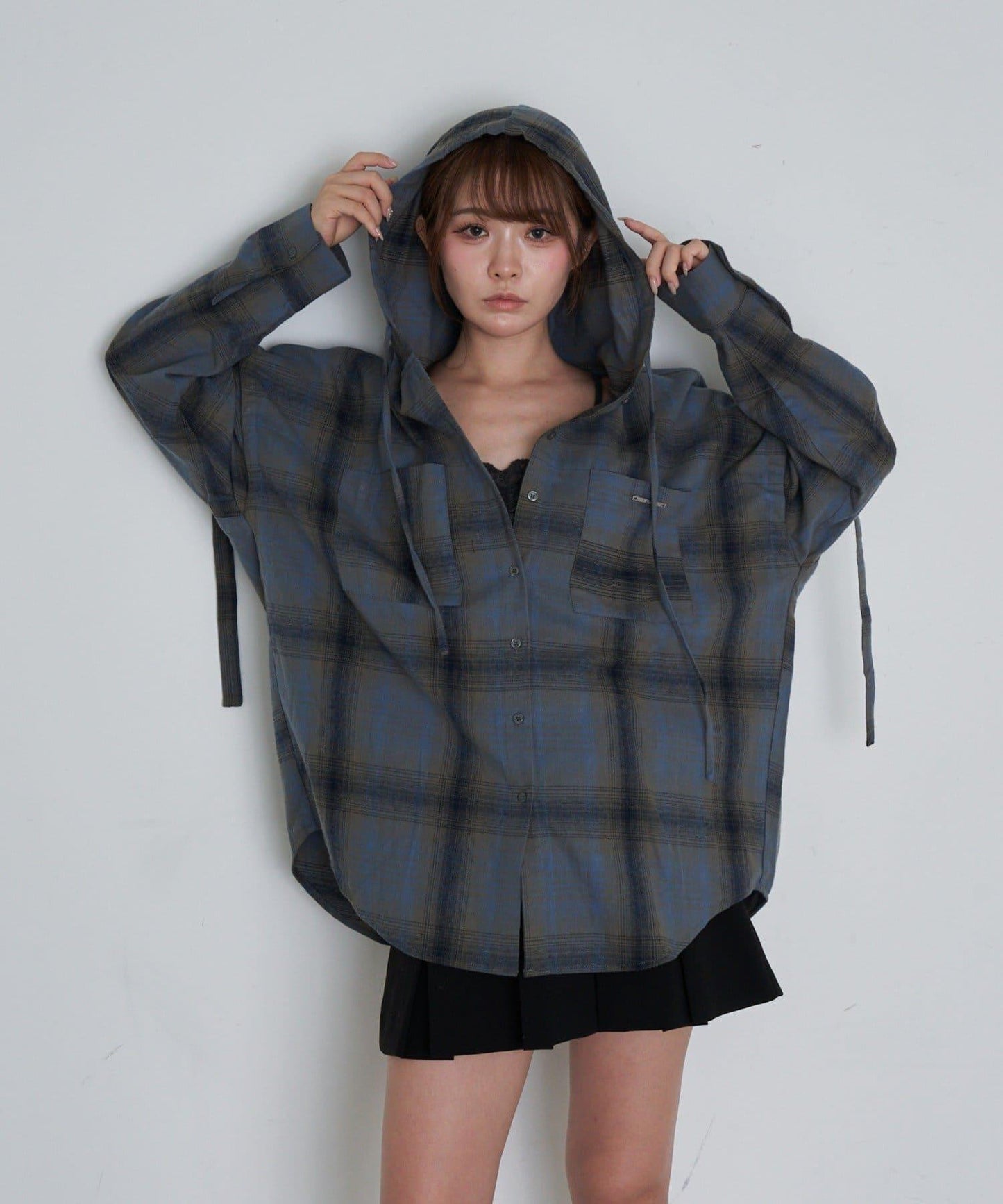 袖開衩連帽格子襯衫