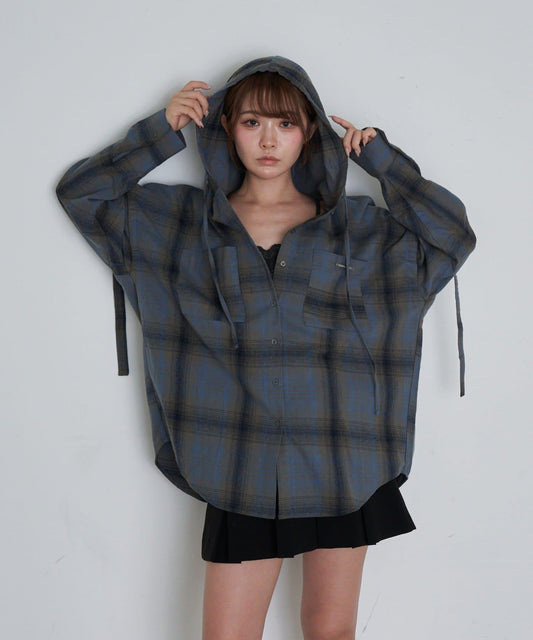 袖開衩連帽格子襯衫