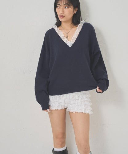 WHO'S WHO gallery 蕾絲V領 針織上衣