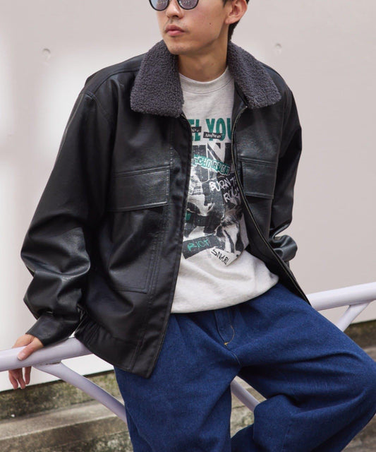 【男女同款】素皮革可拆卸羊羔絨領夾克
