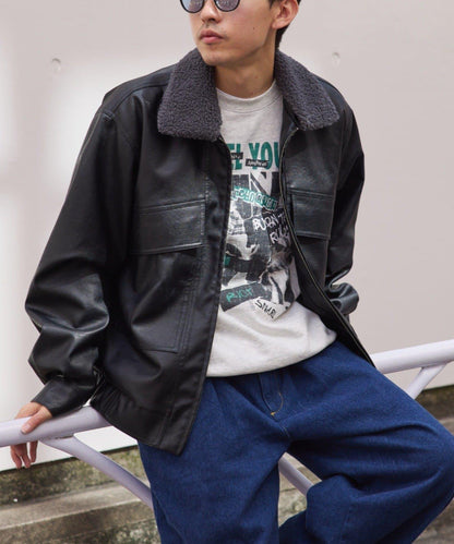 【男女同款】素皮革可拆卸羊羔絨領夾克