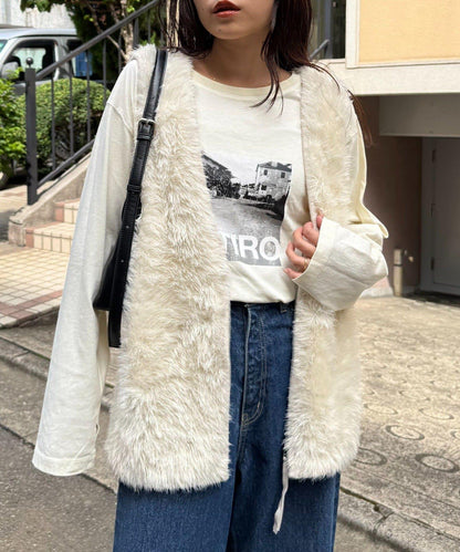 混色人造毛拉鍊針織馬甲