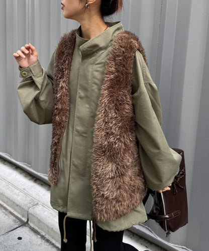 混色人造毛拉鍊針織馬甲