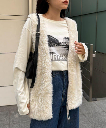 混色人造毛拉鍊針織馬甲