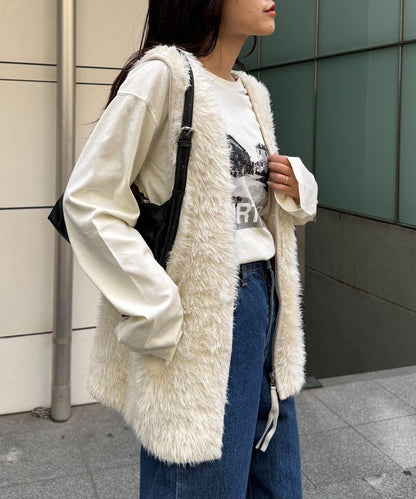 混色人造毛拉鍊針織馬甲