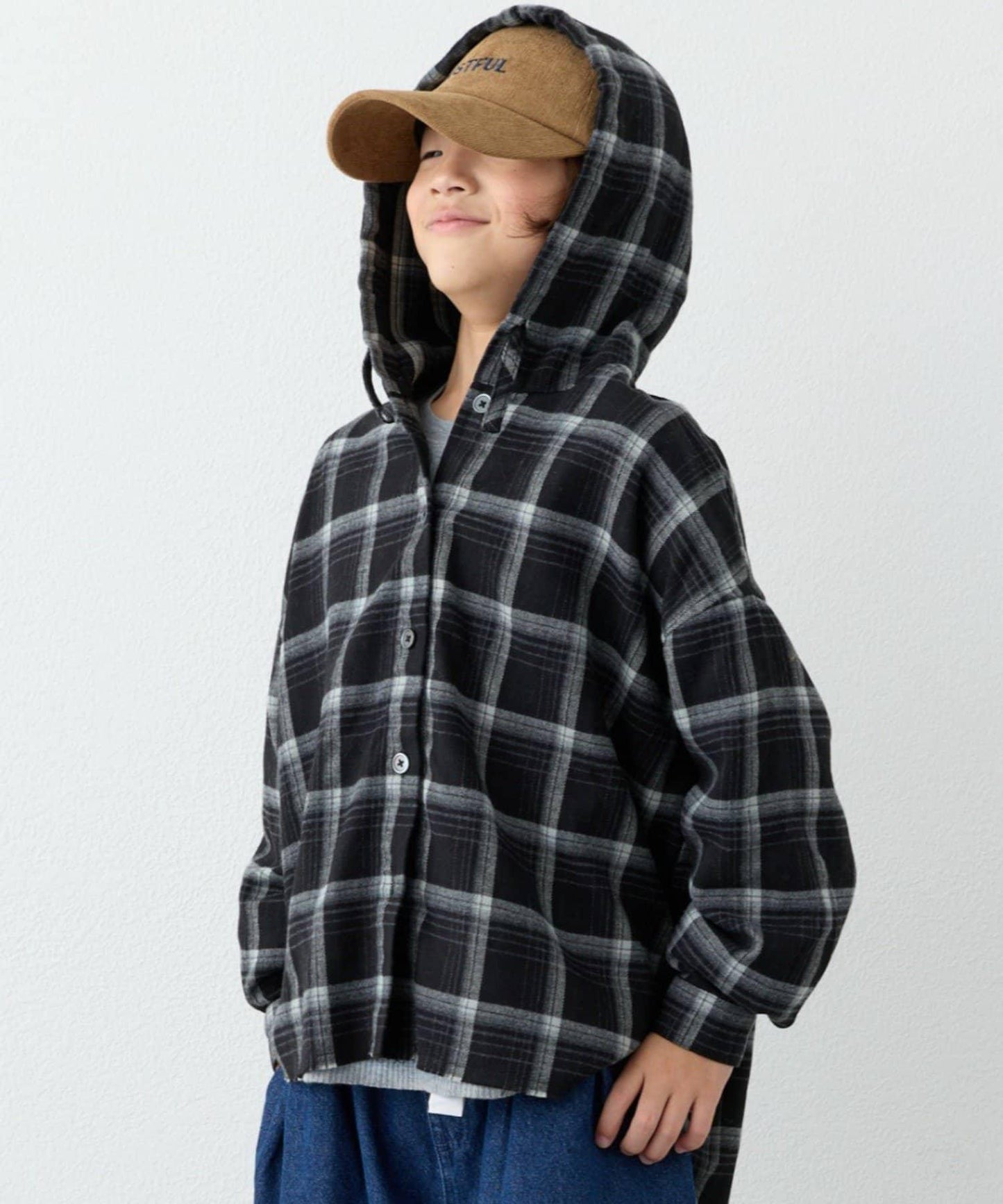 【KIDS】【有青少年尺碼】毛邊微絨格子連帽襯衫