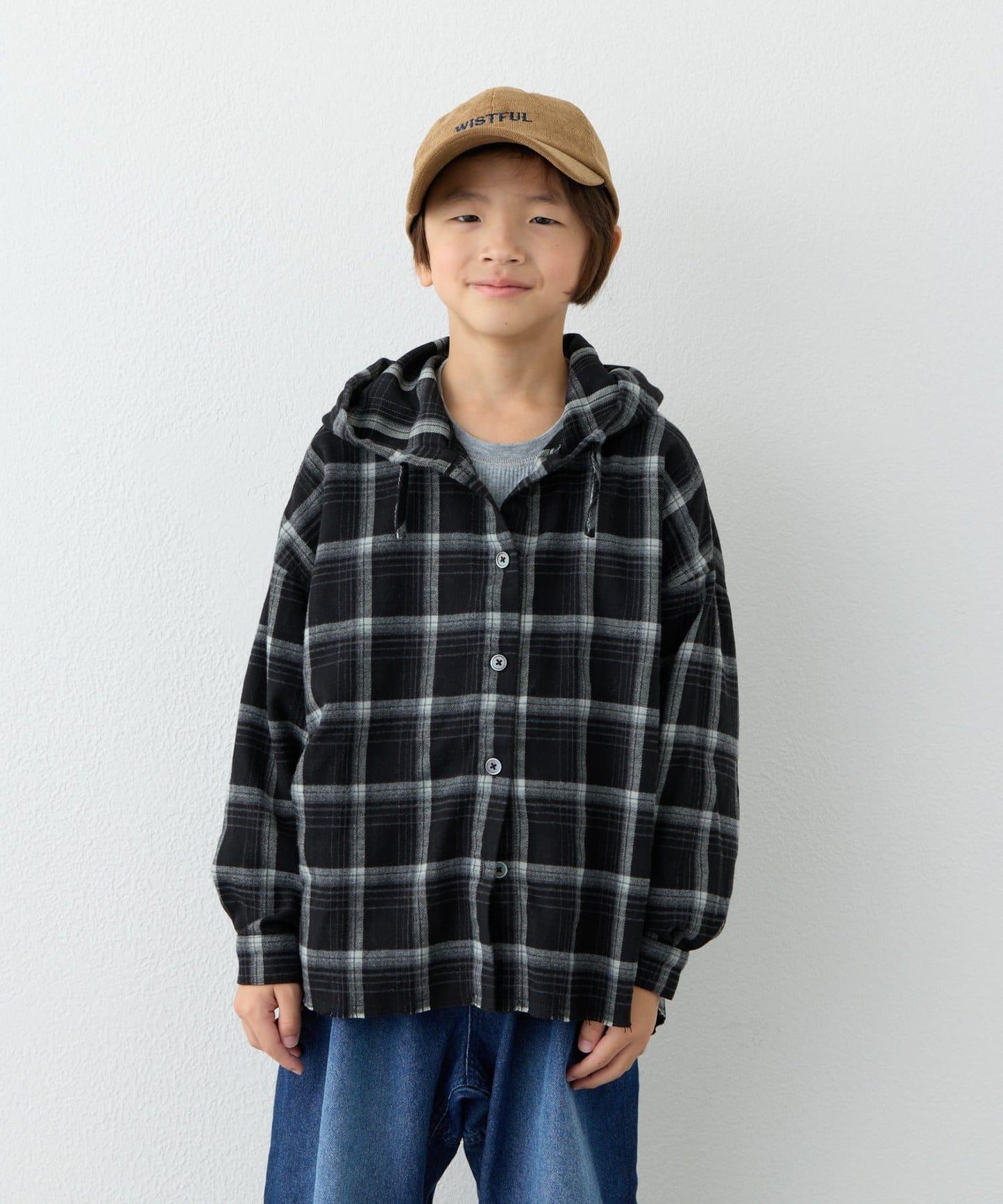 【KIDS】【有青少年尺碼】毛邊微絨格子連帽襯衫