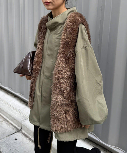 混色人造毛拉鍊針織馬甲