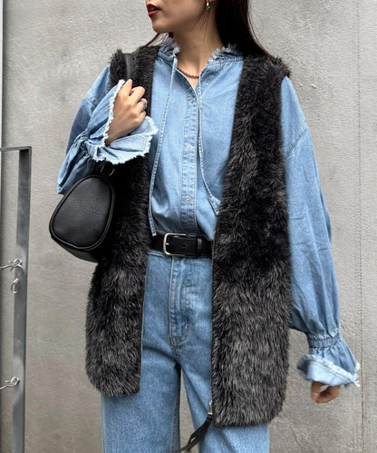 混色人造毛拉鍊針織馬甲