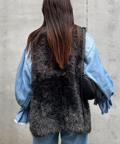 混色人造毛拉鍊針織馬甲