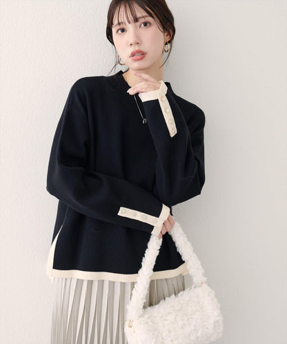 立領袖口扣寬鬆針織衫