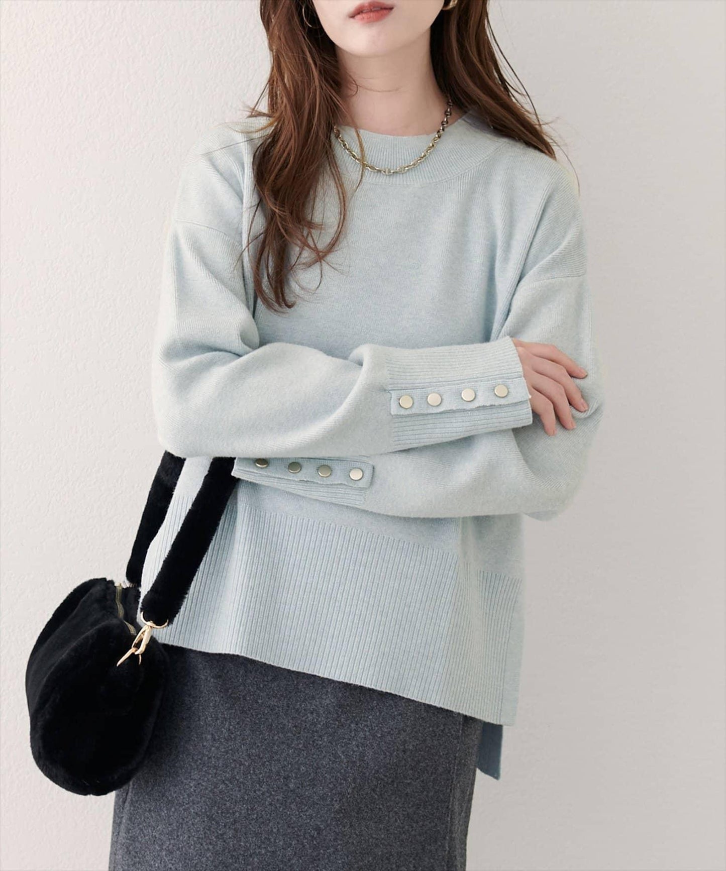 立領袖口扣寬鬆針織衫