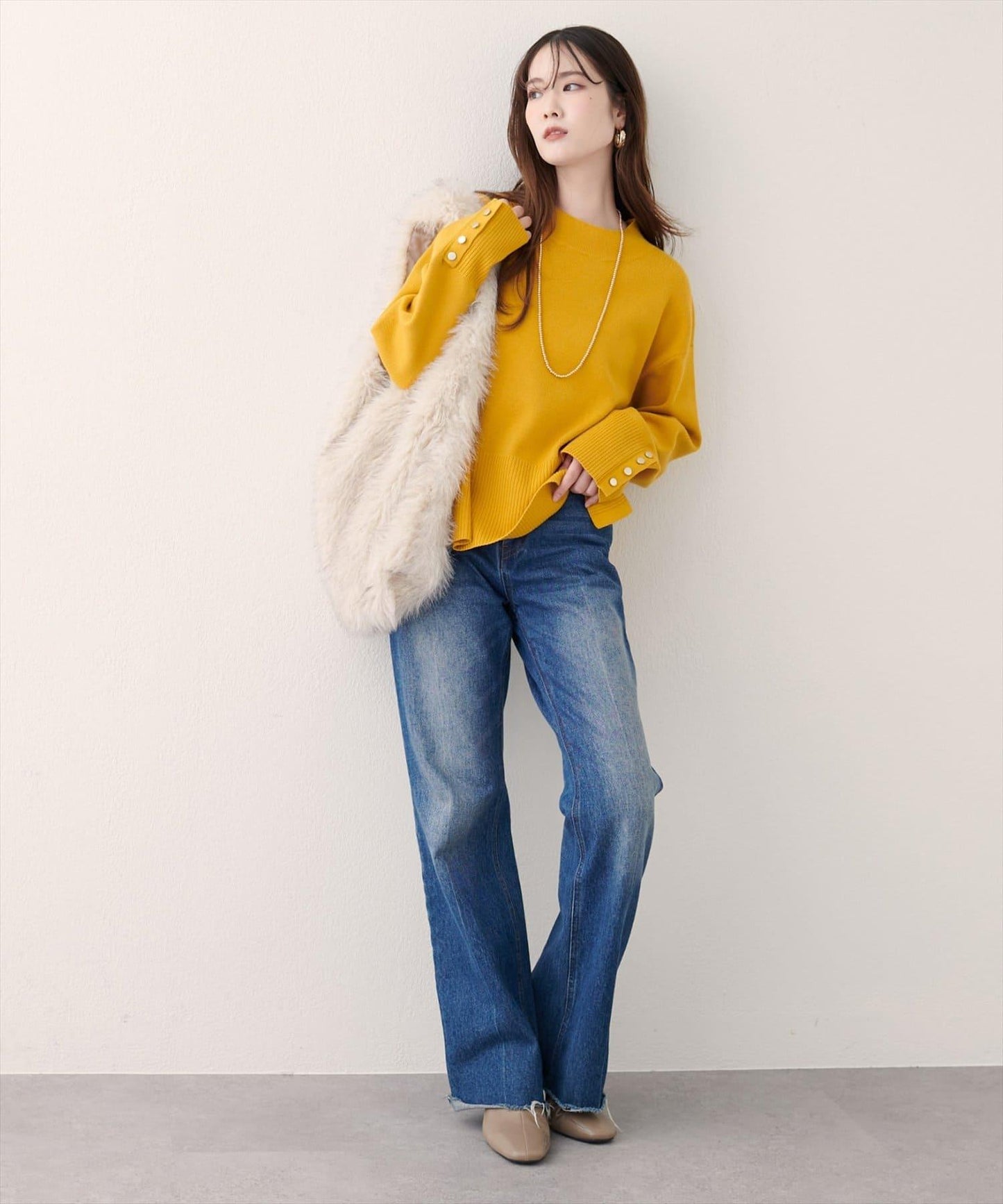 立領袖口扣寬鬆針織衫