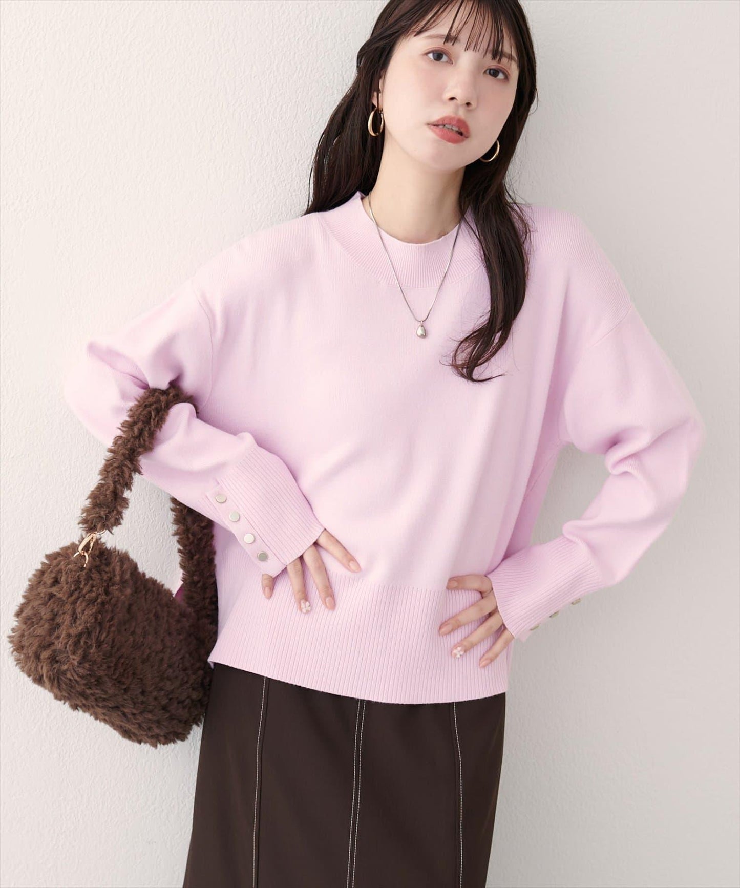 立領袖口扣寬鬆針織衫