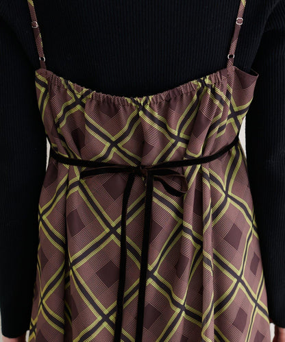 天鵝絨拼接吊帶連衣裙