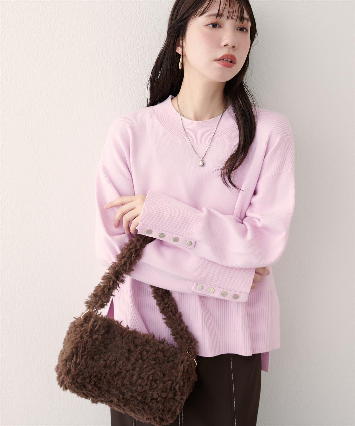 立領袖口扣寬鬆針織衫