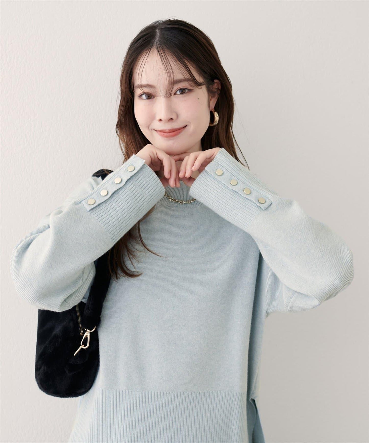 立領袖口扣寬鬆針織衫