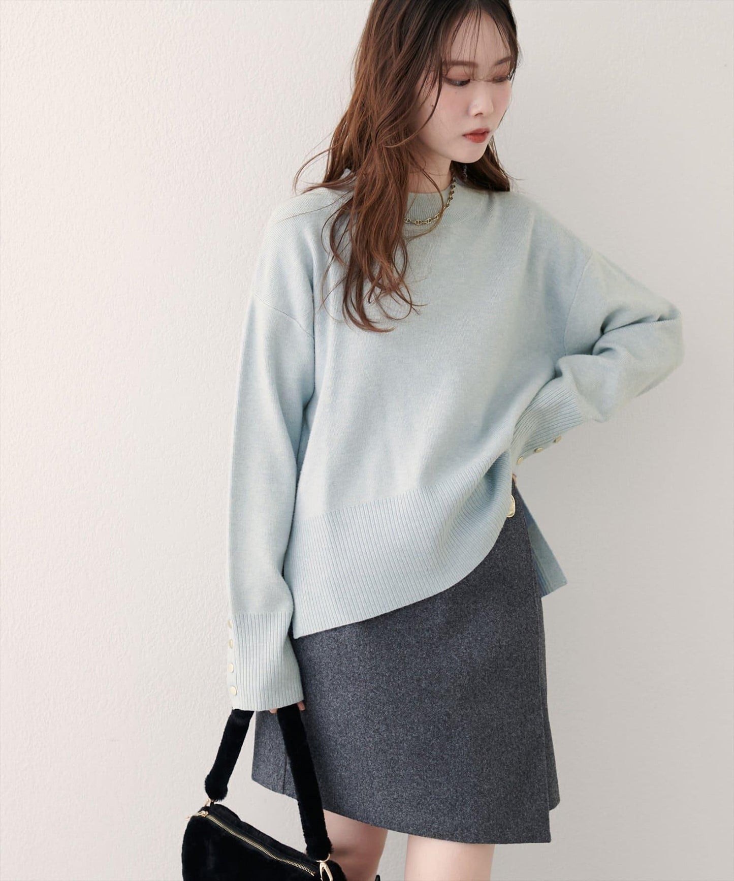 立領袖口扣寬鬆針織衫