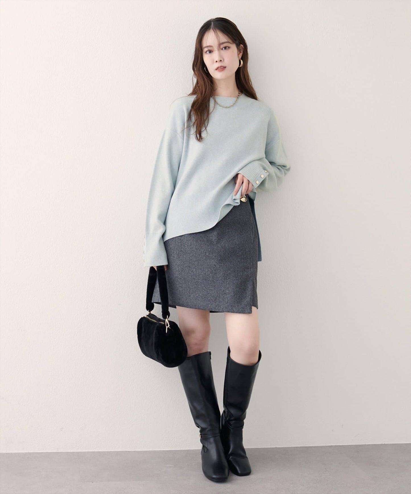 立領袖口扣寬鬆針織衫