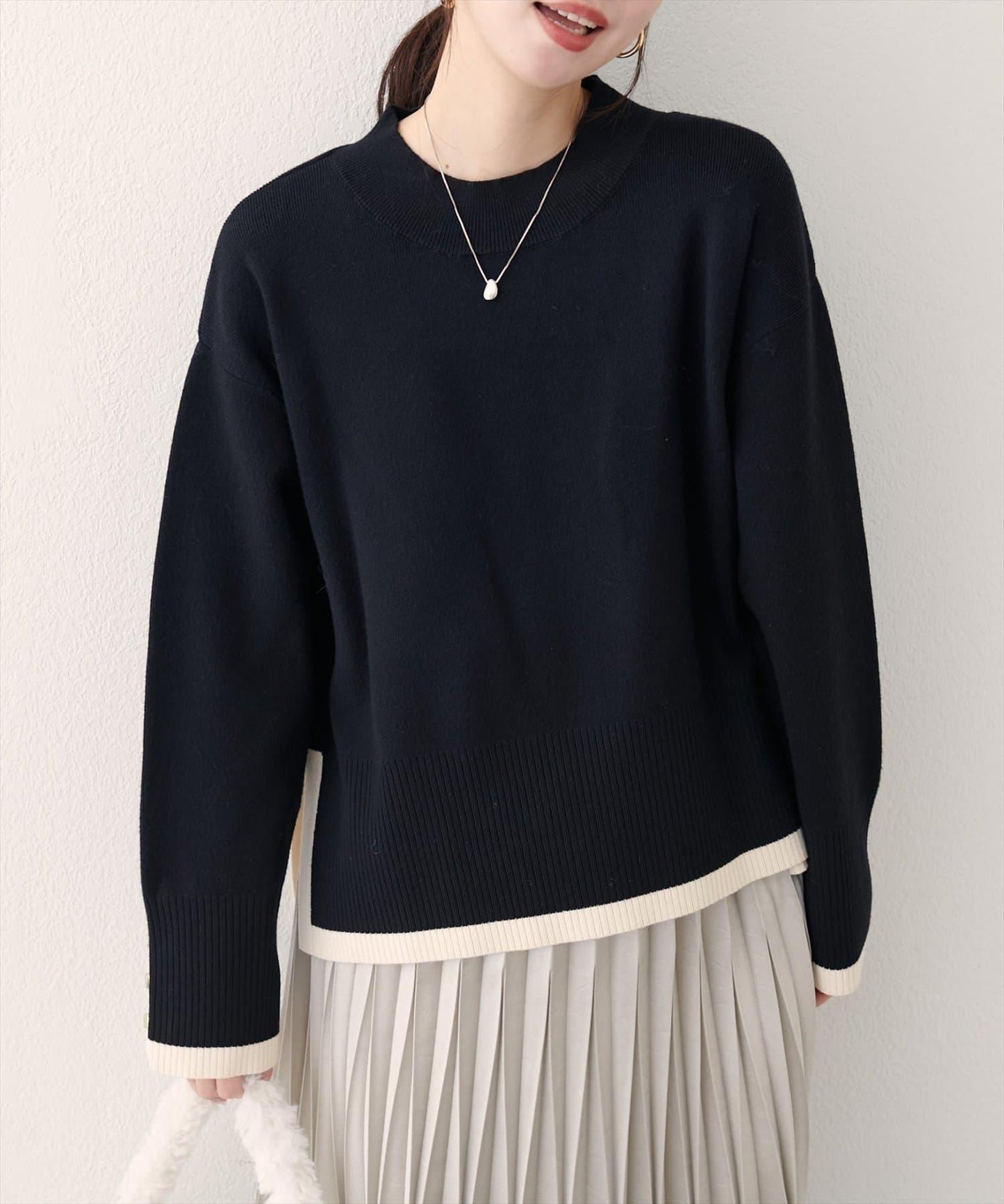 立領袖口扣寬鬆針織衫