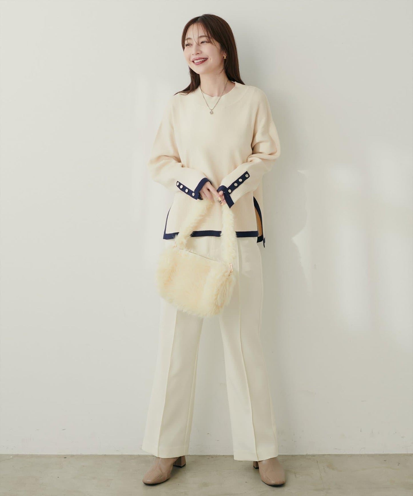 立領袖口扣寬鬆針織衫