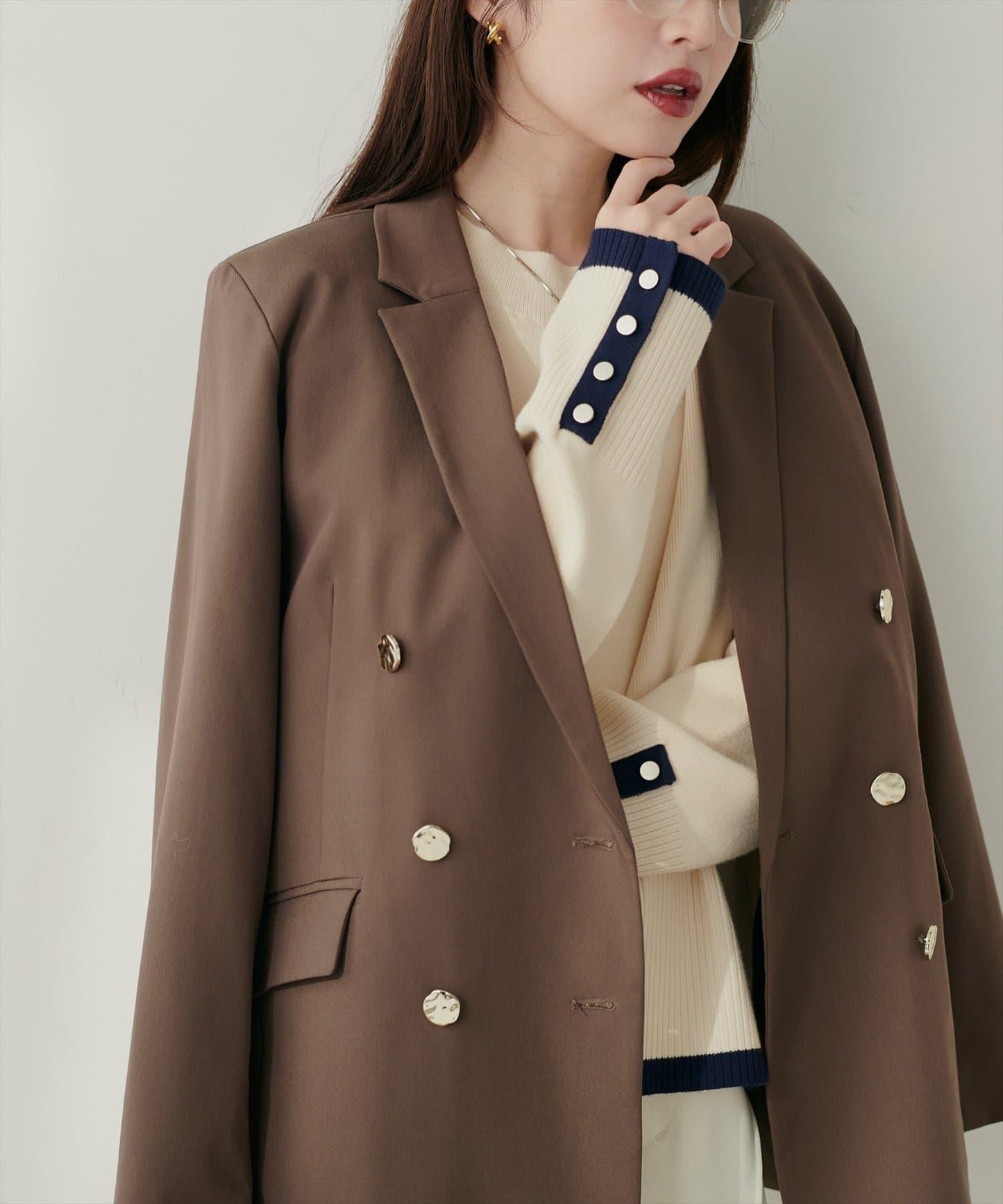 立領袖口扣寬鬆針織衫