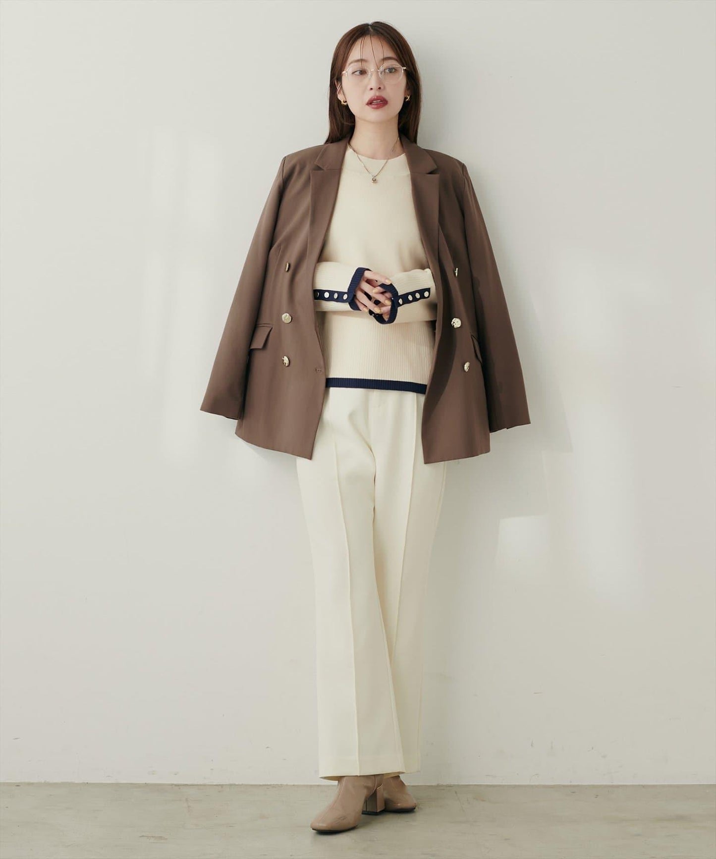 立領袖口扣寬鬆針織衫