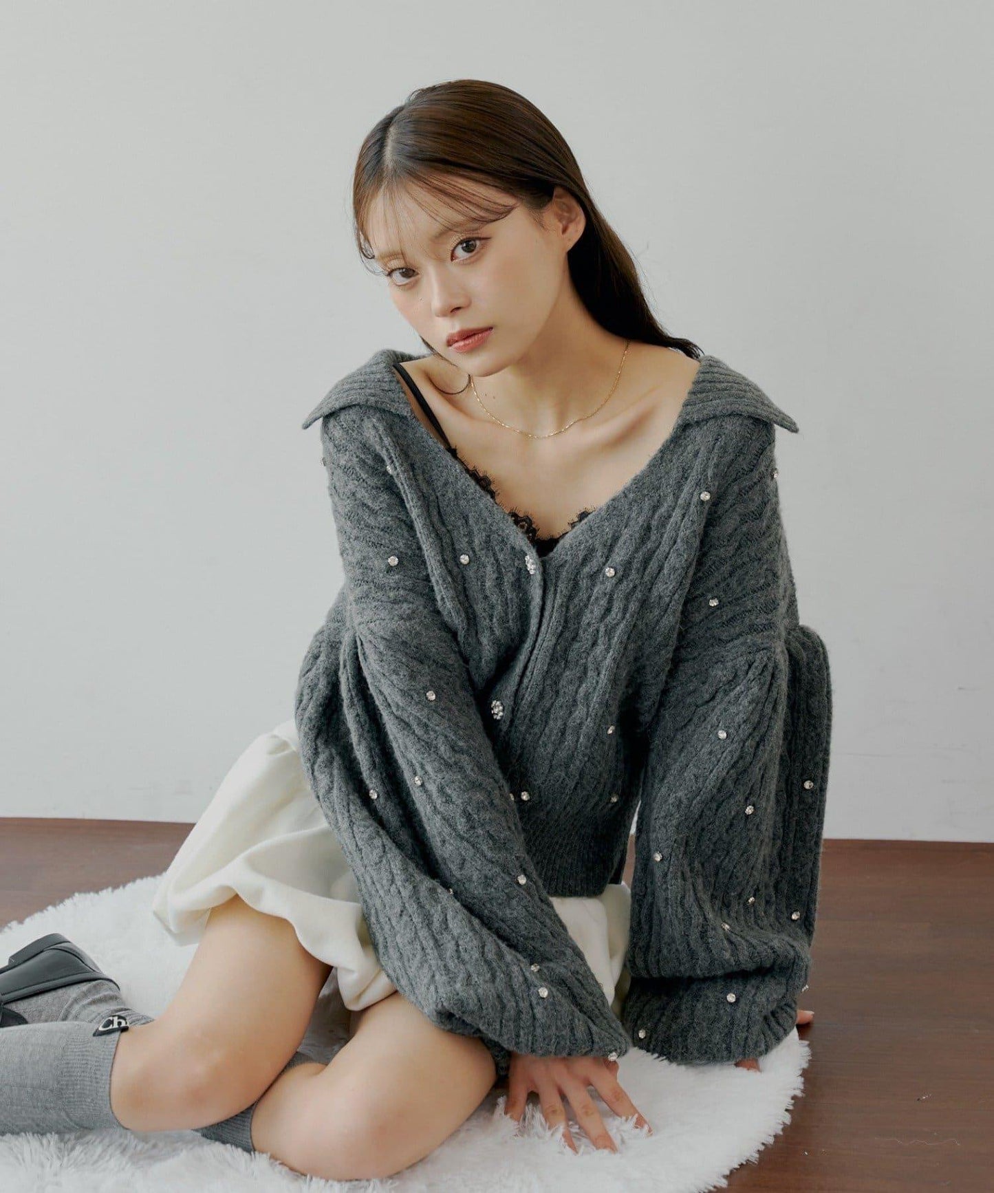 【SALON by Chico】花卉水鑽翻領寬鬆針織開衫