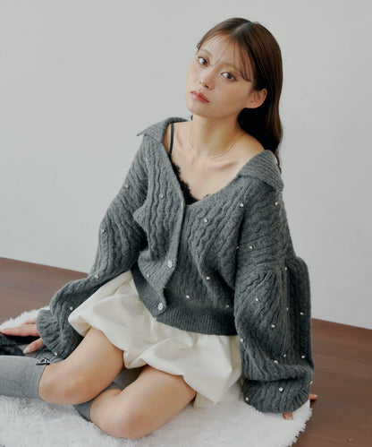 【SALON by Chico】花卉水鑽翻領寬鬆針織開衫