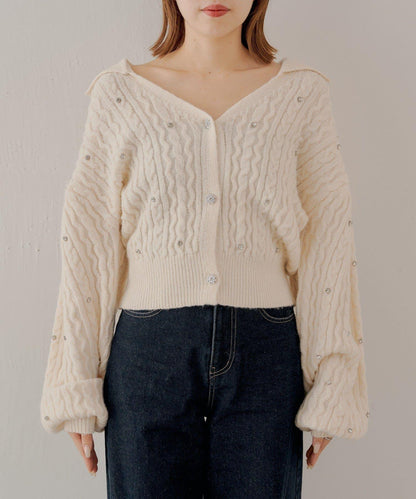 【SALON by Chico】花卉水鑽翻領寬鬆針織開衫